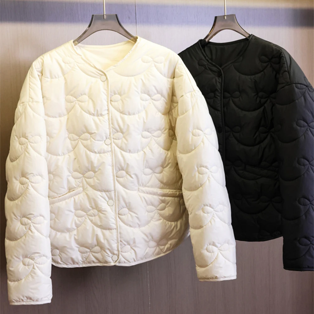 

Бежевые стеганые куртки с бантом, повседневное свободное пальто с круглым вырезом и длинными рукавами, хлопковая стеганая куртка, женская универсальная верхняя одежда