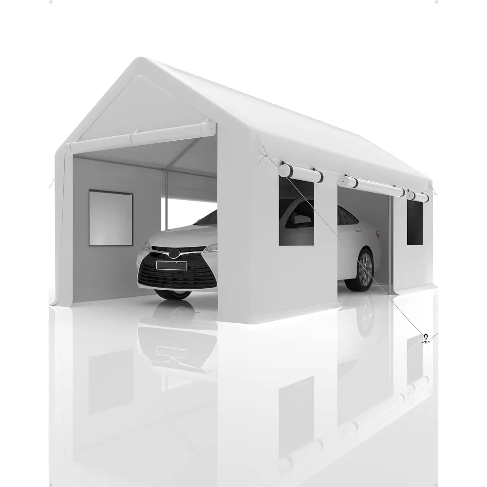 

13'x20' Portable Garage, Heavy Duty Carport Canopy, Reinforced Rods, 4 Roller Shutters and 4 Windows for Pickup, Boat, White