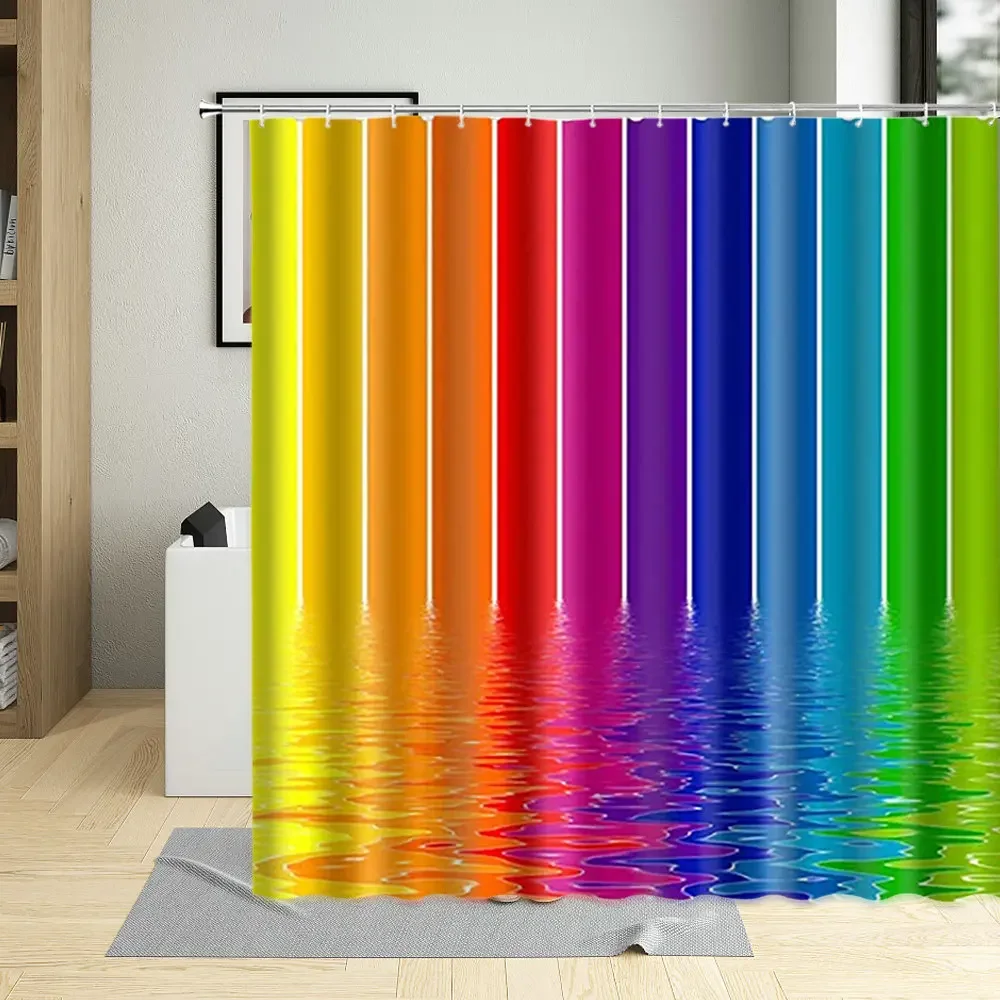 Waterproof Polyester Fabric Shower Curtain with Hooks, Rainbow, Colorful Stripe, Texture Printing, Bathroom Screen, Bath Screen