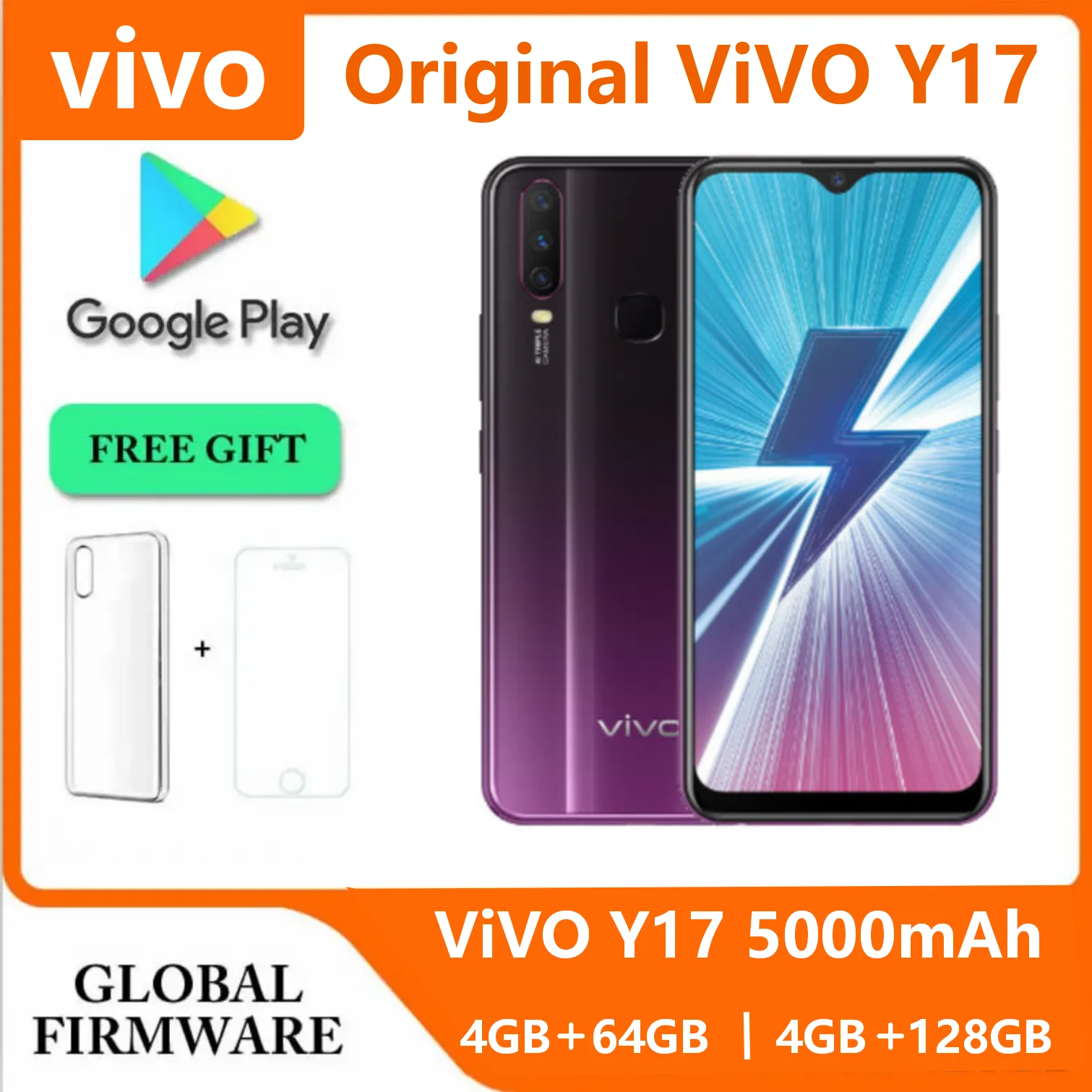 Originale VIVO Y17 4GB 128GB 5000mAh Doppio motore Ricarica rapida 20MP Quattro telecamere da 6,35 pollici 720 × 1544 (HD +) LCD 4G Smart phone