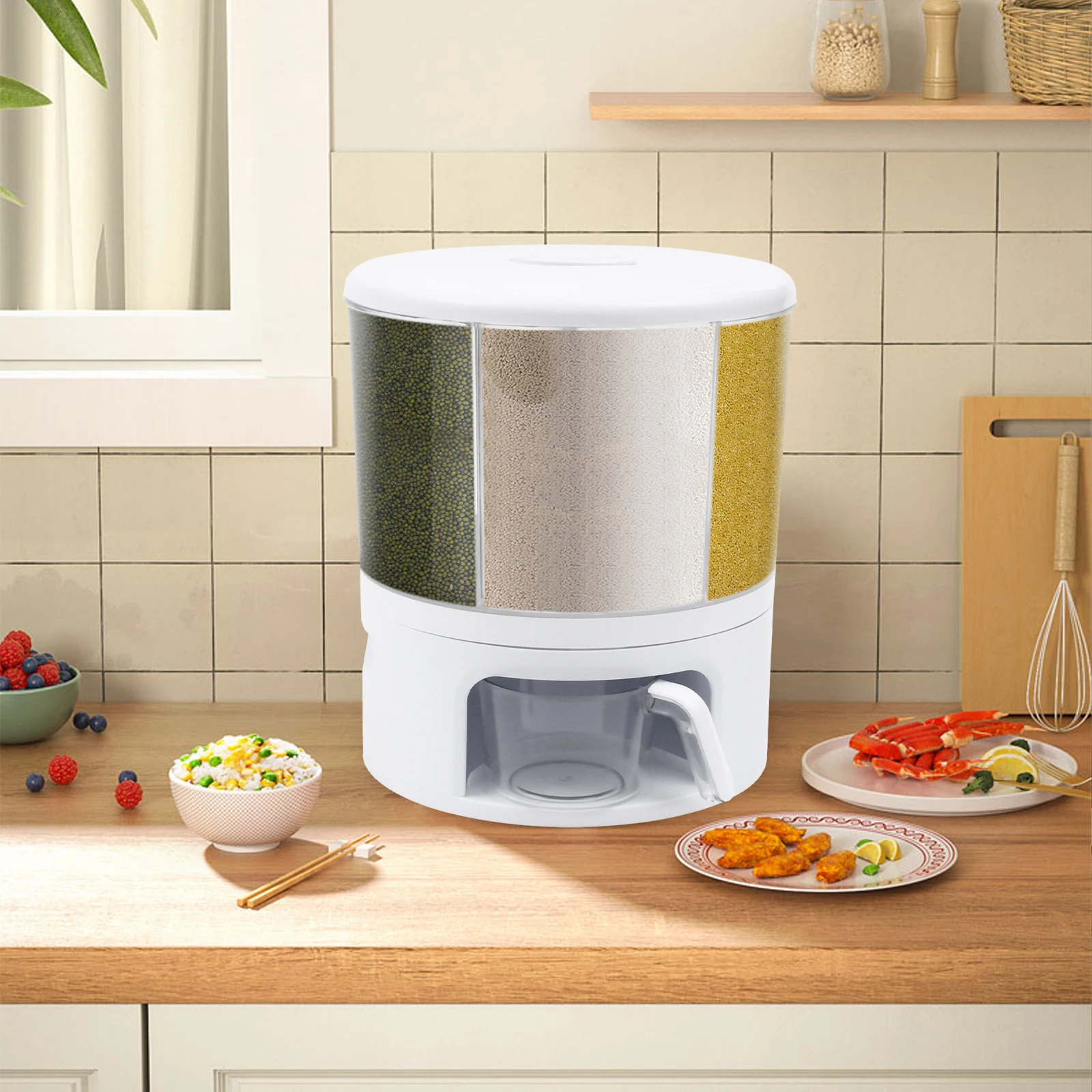 

White 360° Rotating Grain Dispenser(Easy To Use&Stable) Push-With-Cup Design&Simple Grain Retrieval, Equipped With Measuring Cup