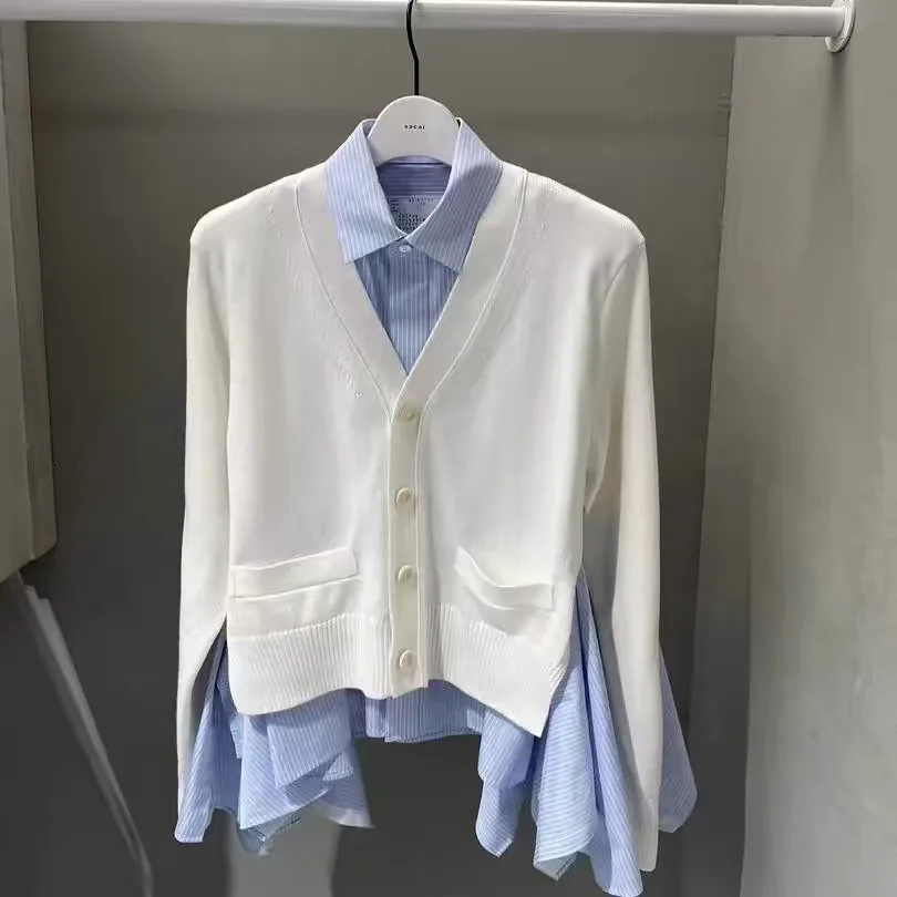 

2025 spring and summer new lapel splicing long-sleeved shirt knitted cardigan coat top women