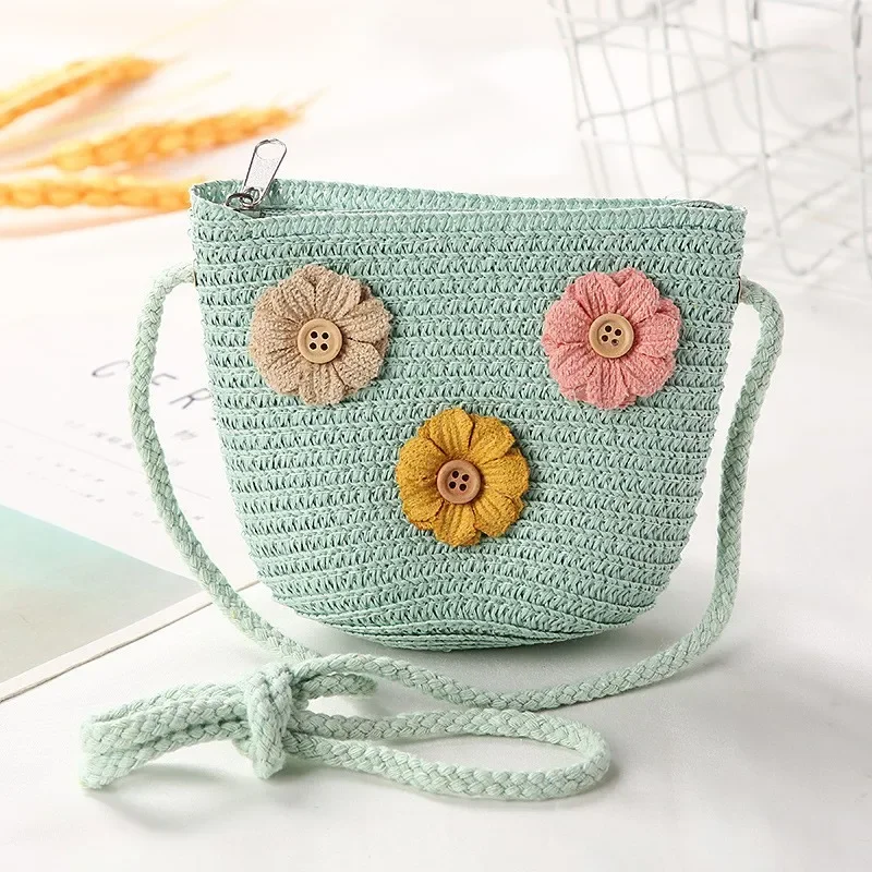 Cute Children\'s Straw Shoulder Bags Flower Baby Girls Small Bucket Crossbody Bag Boys Kids Mini Coin Purse Beach Handbags