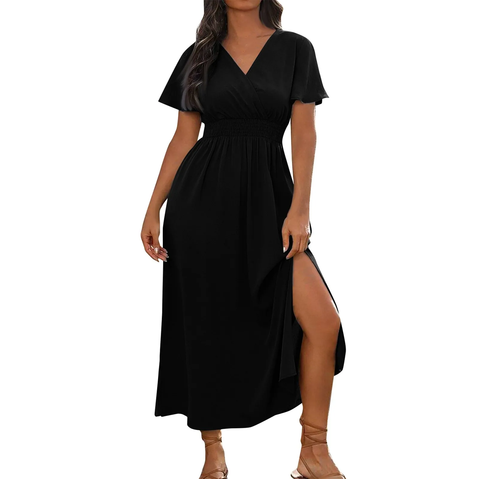 Women\'S Summer Fashion Sexy Comfortable Wrap Waist Maxi Dress V Neck Side Slit Casual Dress A-Line Long Short Sleeve Solid Dress