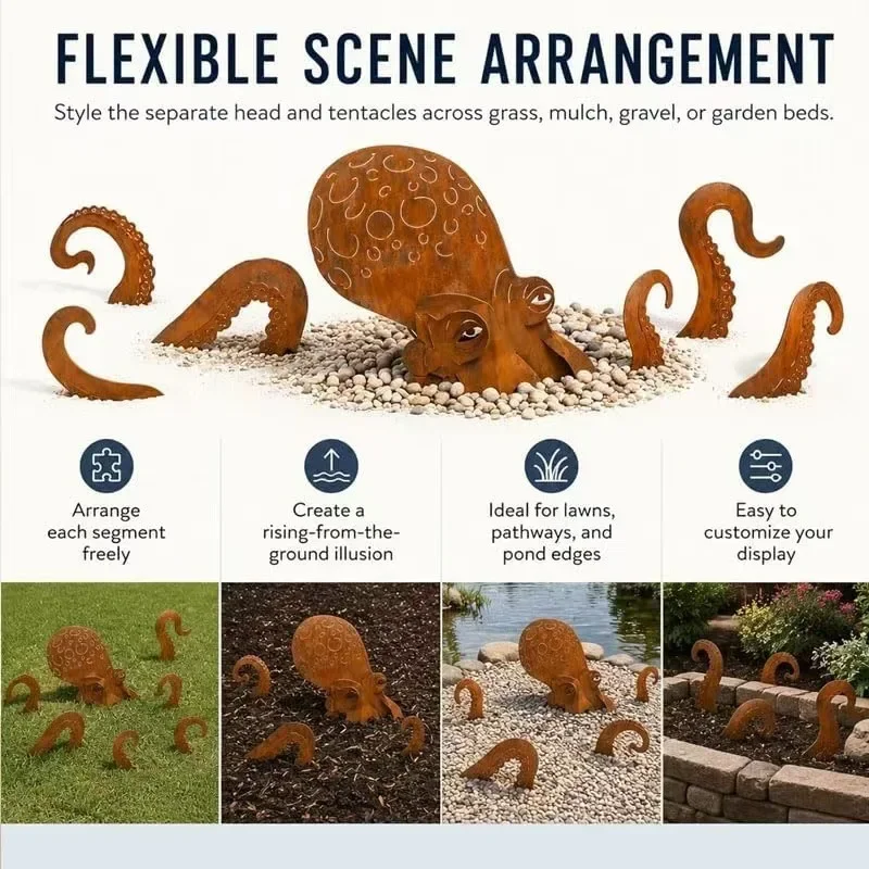 1Pc Vintage Metal Octopus Garden Statue Outdoor Yard Art Sculpture Rustproof Lawn Decor Beach Patio Ornament Gift
