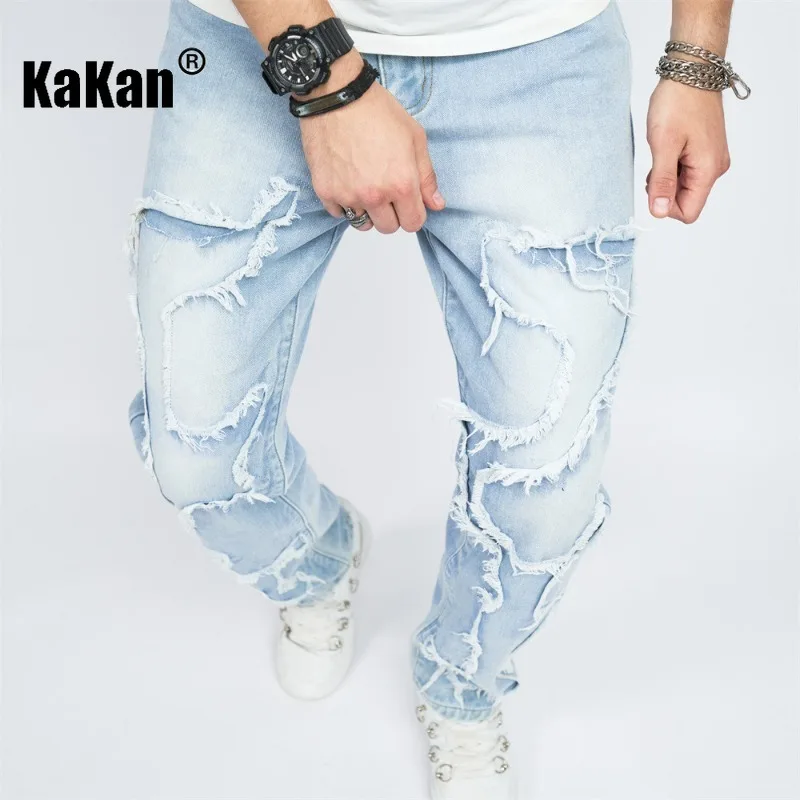 Kakan - European and American High Street New Straight Leg Jeans, Trendy Patch Fabric with Loose Edges for Men\'s Jeans K9-2314