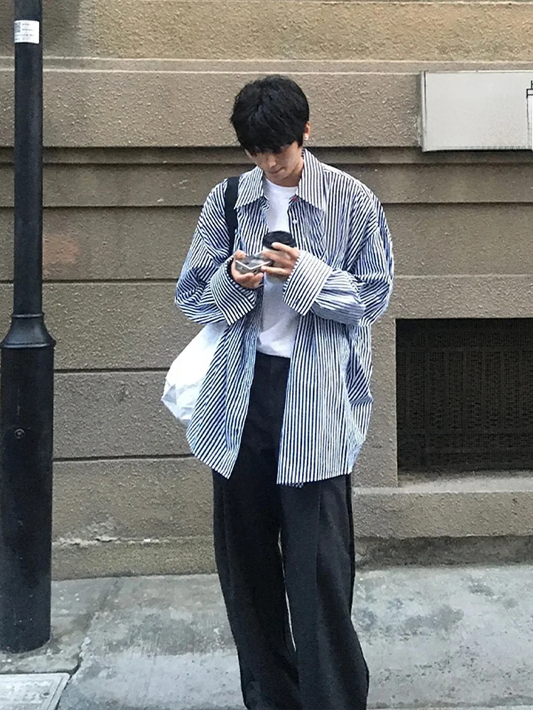 

Мужская базовая футболка Cleanfit в синюю полоску, корейский стиль, весна-осень, повседневная, свободного кроя