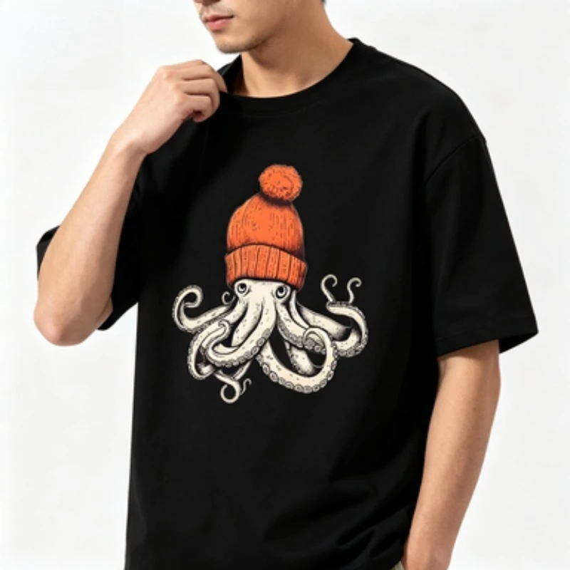 Octopus Orange Beanie Cotton T-shirt Japanese Style Graphic Tees Casual Cotton Short Sleeve Round Neck Tshirts Unisex Clothes