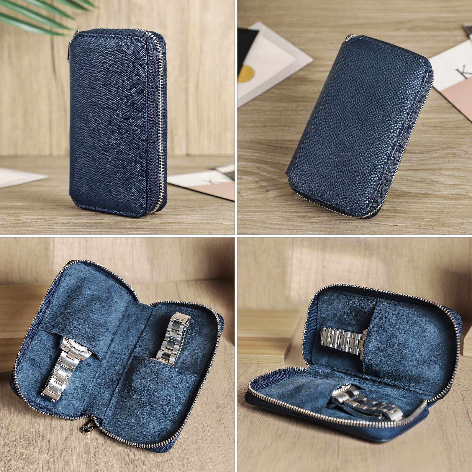CONTACT\'S FAMILY Luxury 2 Slots Leather Watch Pouch Case For Men Women Watches Organizer Display Jewelry Bracelet Storage Box