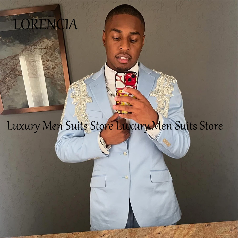 

Sparkly Applique Suits for Male 2 Pieces Glitter Diamond Flat Collar Wedding Tuxedos Party Outfits Customized Blazer Pants