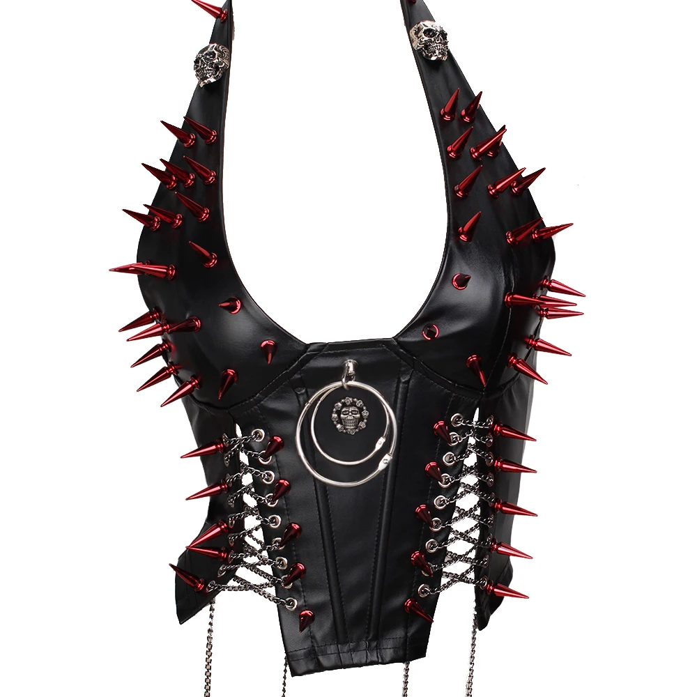 Eco 90s E-Girls Emo Teen Goth DIY Harajuku Y2K Vegan Leather TOPS Punk Rock Red Studded Hand Made Grunge Gothic Kawaii