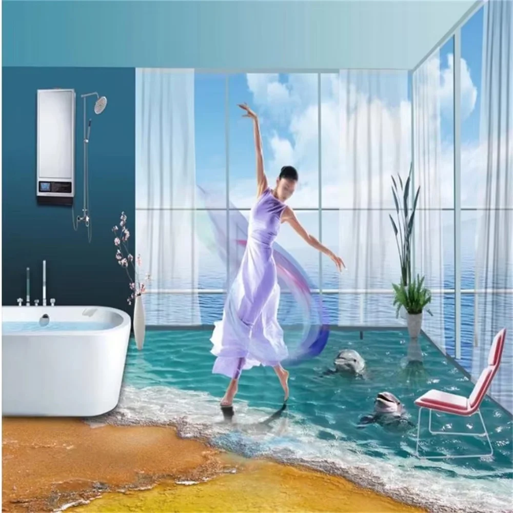 Custom floor 3D dolphin Bay lovers living room mural cobbled to draw tile tile picture stylish wat sea water beach bathroo floor