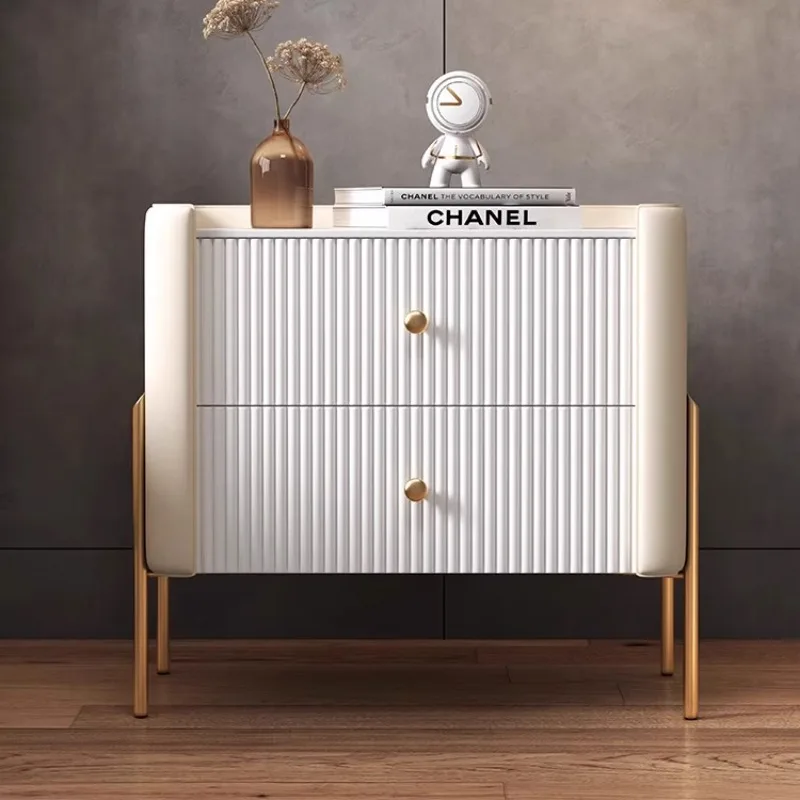Italian light luxury beside table with drawers minimalist leather solid wood modern simple nightstand for bedroom  night table