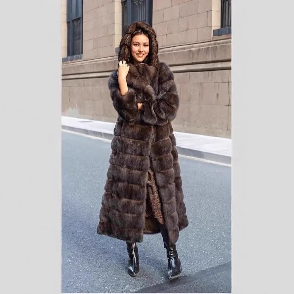 Vintage Brown Women Winter Faux Fur Jacket Thickened Warm Fur Trim Hooded Female Mink Fur Outwear Long Chic Lady Eco Fur Coat