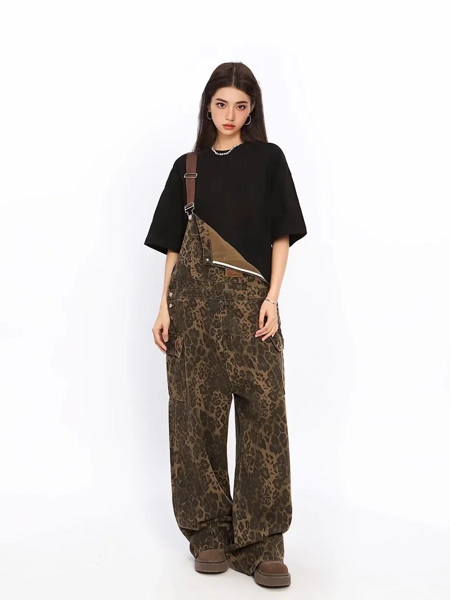 American Retro Leopard Print Overalls Women'S Spring New Loose Straight Street Cowboy Wide-Leg Overalls