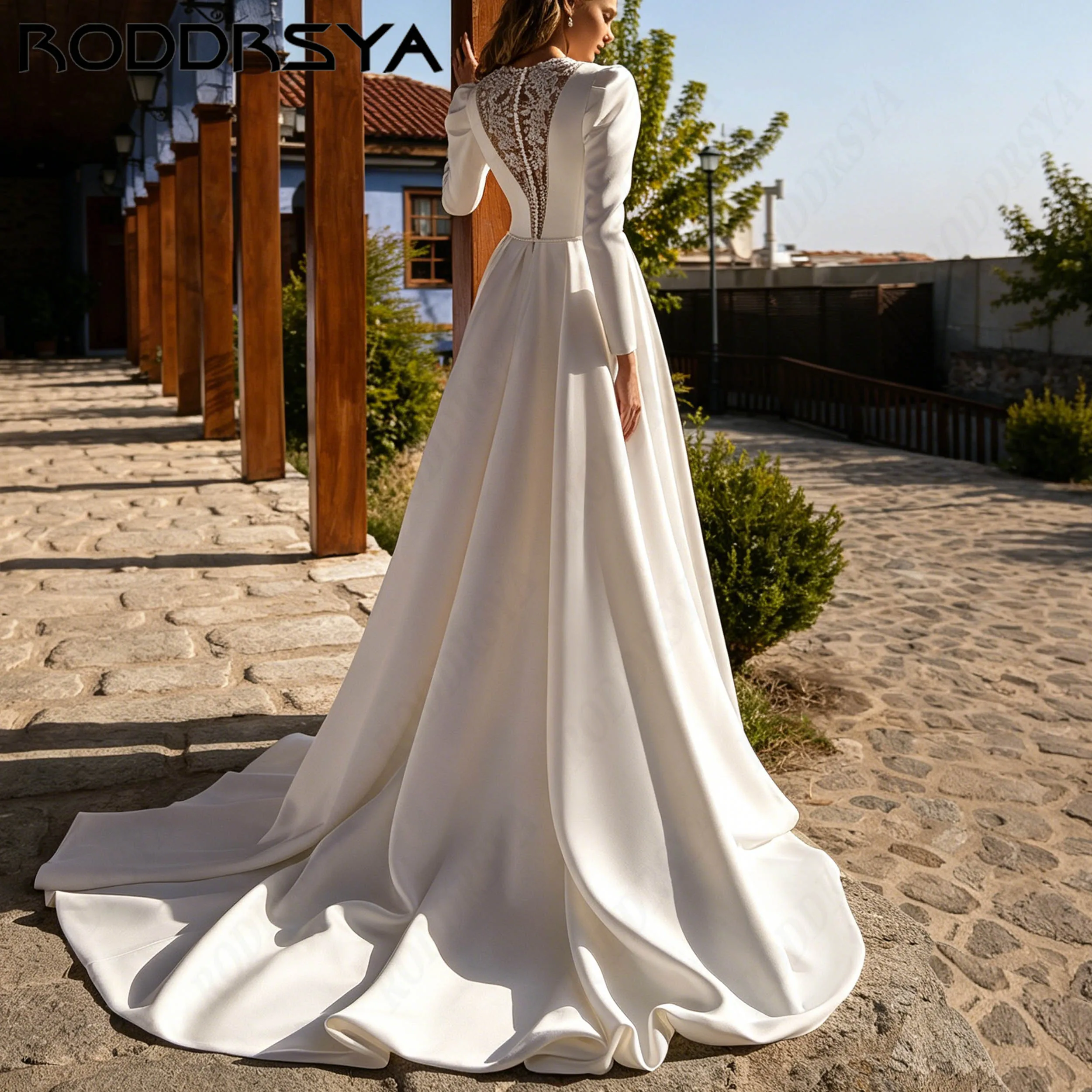 RODDRSYA Puff Long Sleeve A-Line Wedding Dress Bridal Illusion O-Neck Satin Gown Luxury Appliques robe de mariée Personalized