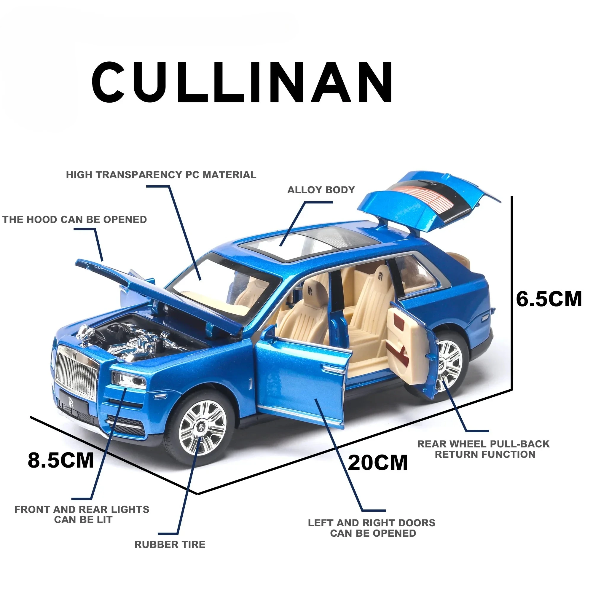 1:24 컬리넌 합금 자동차 모형 대형 시뮬레이션 SUV 금속 자동차 모형 라이트 사운드 풀백 스케일 자동차 미니어처 자동차