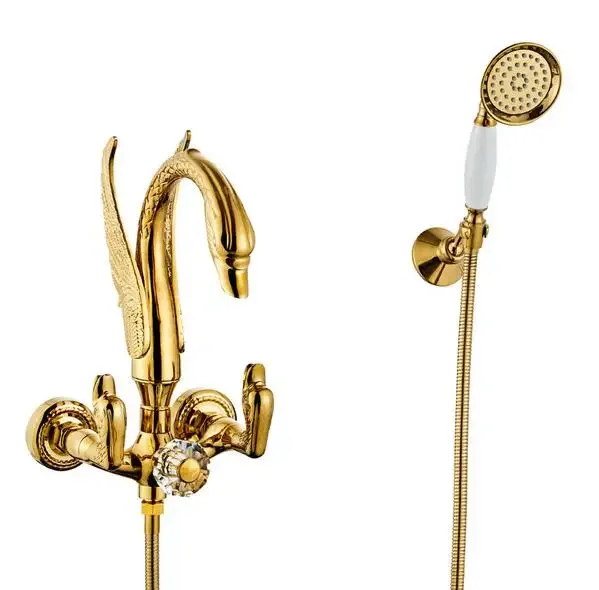 Style Brass Golden Tub Faucet Swan Bathtub Faucet Double Handle Wall Mounted Hot And Cold Shower Set