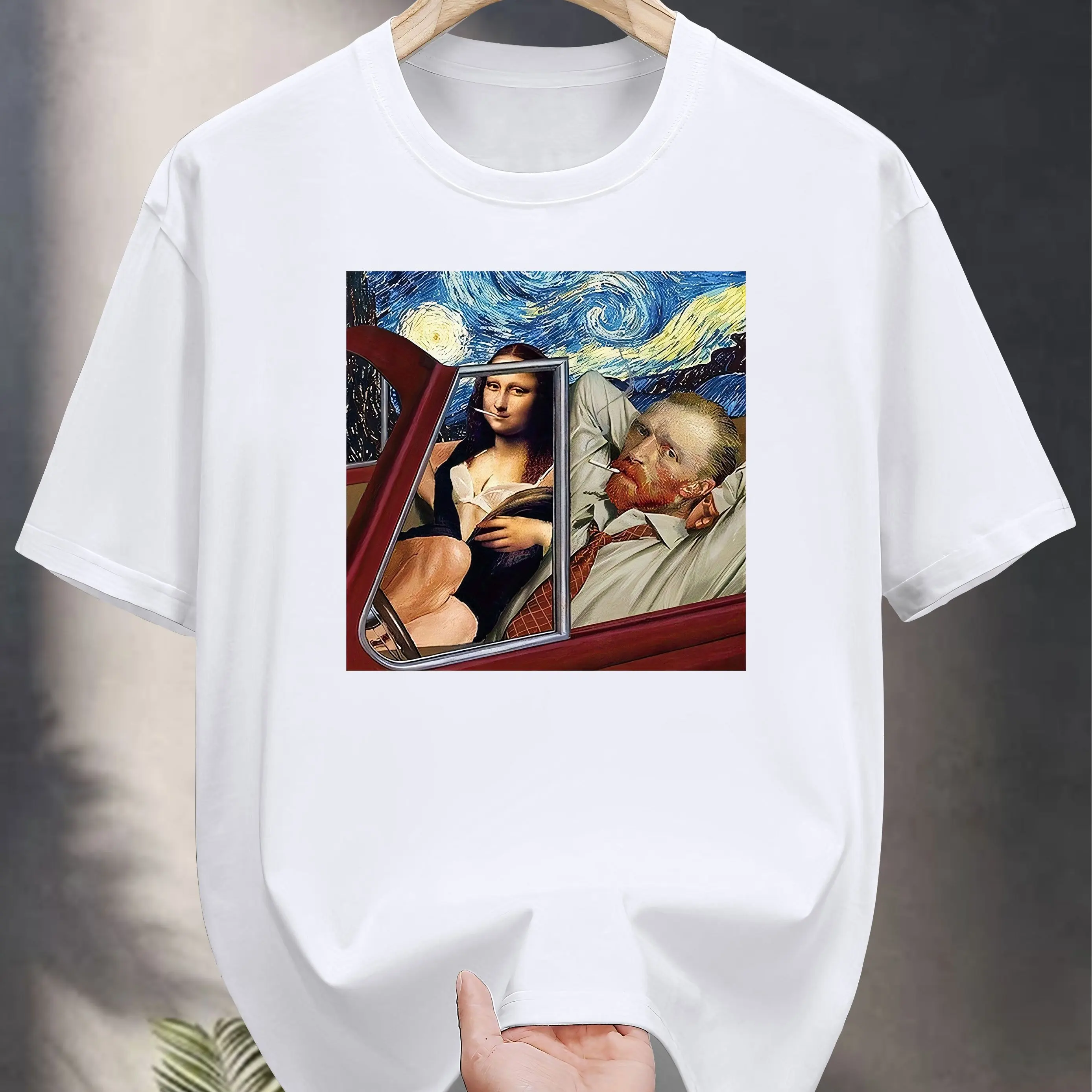 

Men Cotton Short Sleeve T-Shirt with Van Gogh Starry Night & Modern Car Art Print Regular Fit Casual Summer Tee Men Clothing