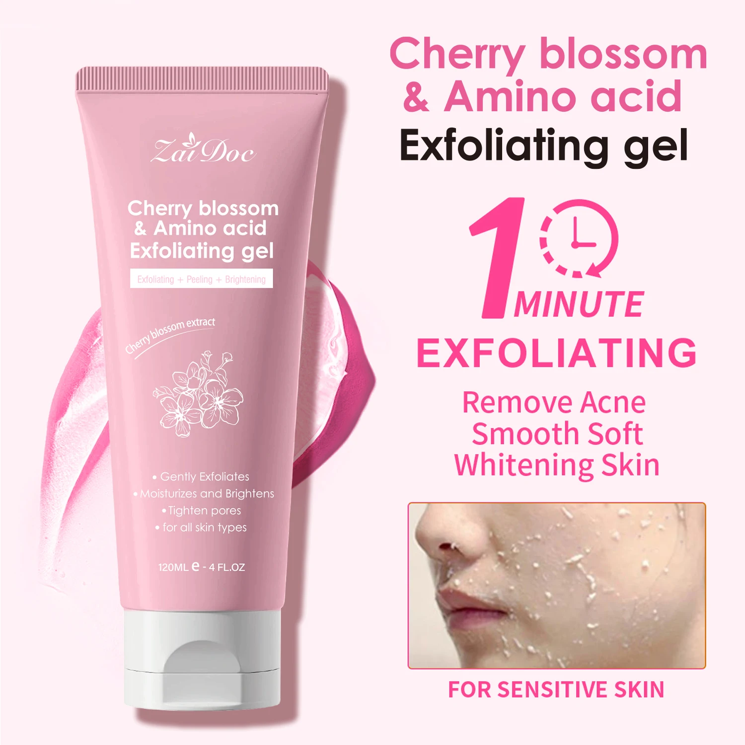 ZaiDoc 1/2Pcs Cherry Blossom Amino Acid Exfoliating Gel 120ml Ea. Peeling Gentle Dead Skin Remover Facial Body Smooth Radiant Daily Cleanser for All Skin Types