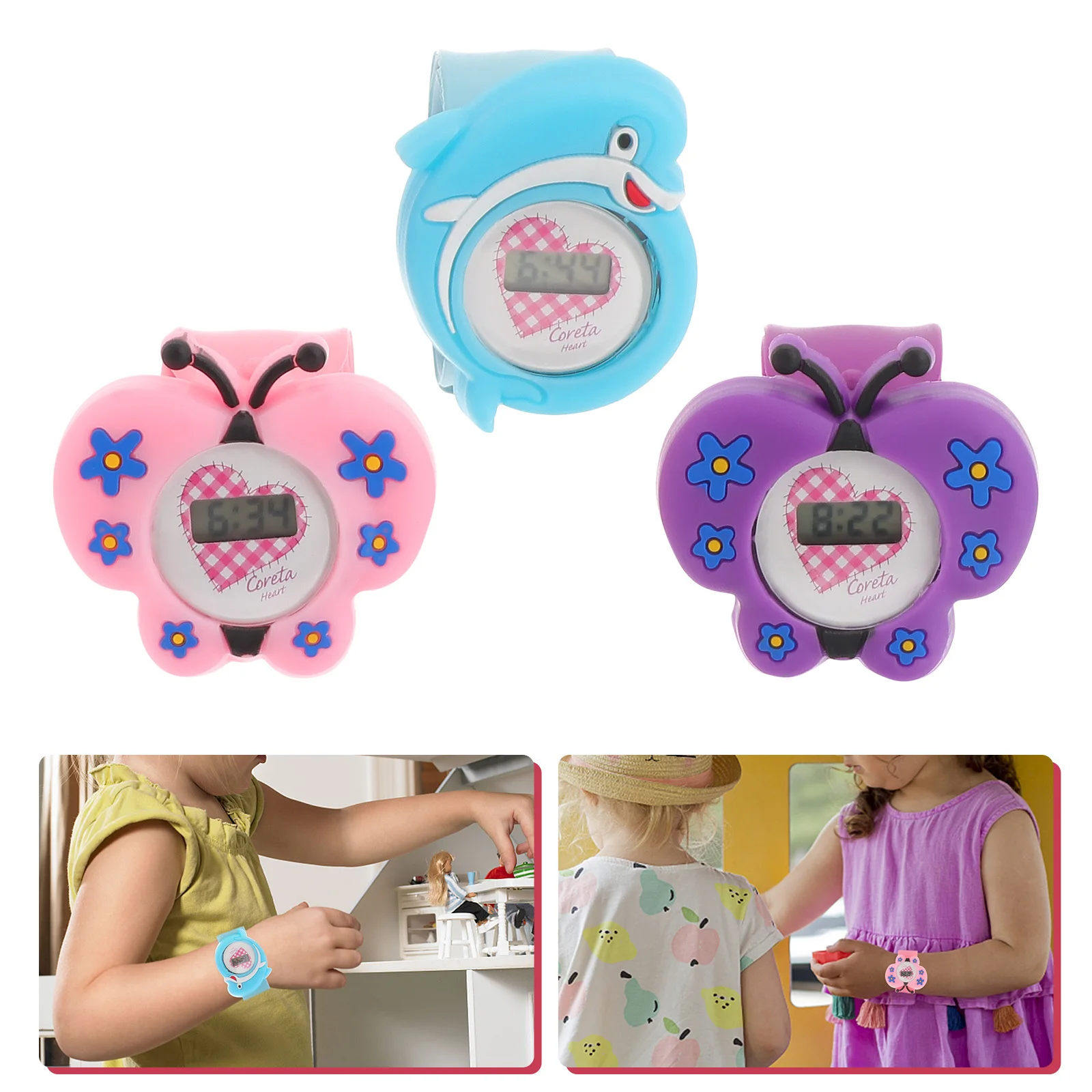 3 szt. Silikonowe zegarki elektroniczne z kreskówkowymi wzorami, przezroczyste, z arabskimi cyframi, urocze zegarki do klepania dla uczniów