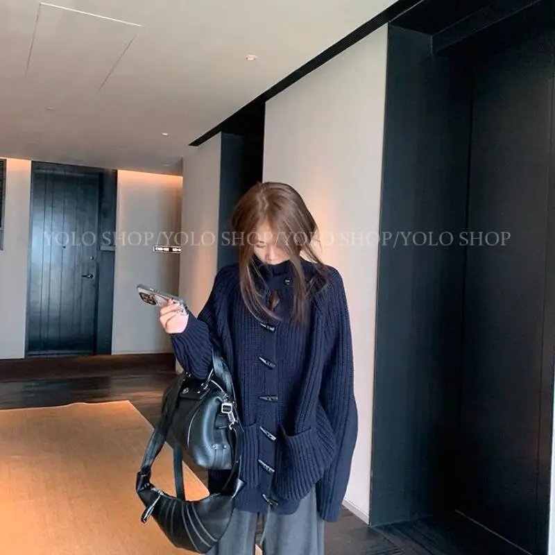 

lazy Women's sweater jacket autumn winter loose cardigan soft and sticky solid color Jumper versatile mid-length girl knitwear