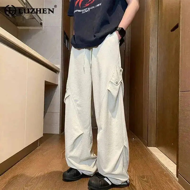 LUZHEN Straight Design Solid Color Pockets Casual Original Patchwork Pants Men's 2025 High Quality Elastic Waist Trousers JY7400