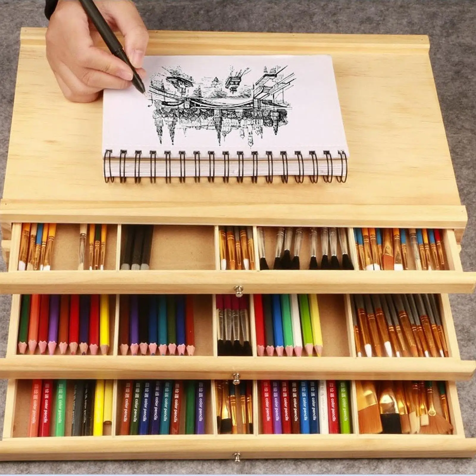 Wooden Art Supply Storage Box with Multi-Layer Drawers Container Case for Sketching for Markers Painting Stamps Organize Boxes