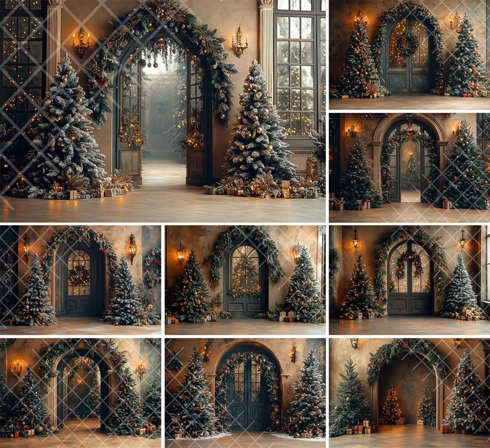 Mehofond Photography Background Vintage Christmas Arch Door Window Xmas Tree Kids Family Portrait Decor Backdrop Photo Studio