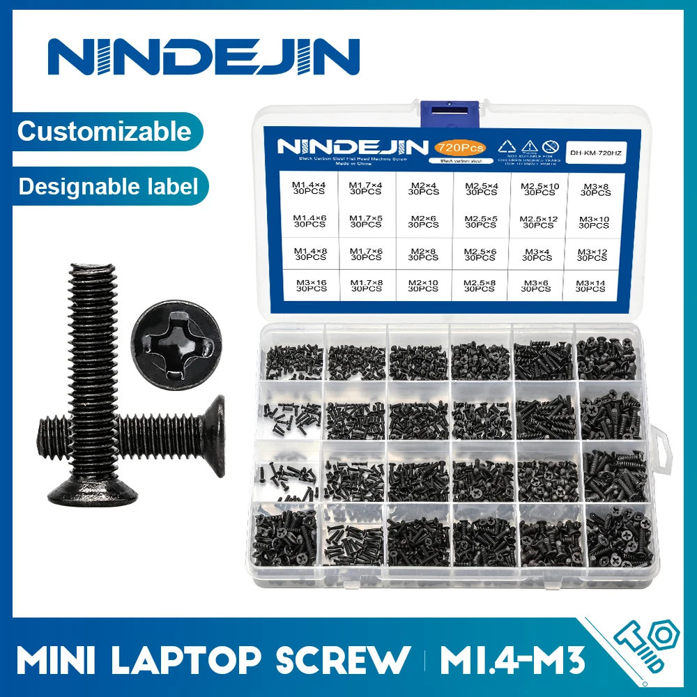 720pcs countersunk flat head phillips small mini screw set m1.4 m1.7 m2 m2.5 m3 carbon steel computer notebook laptop screws kit