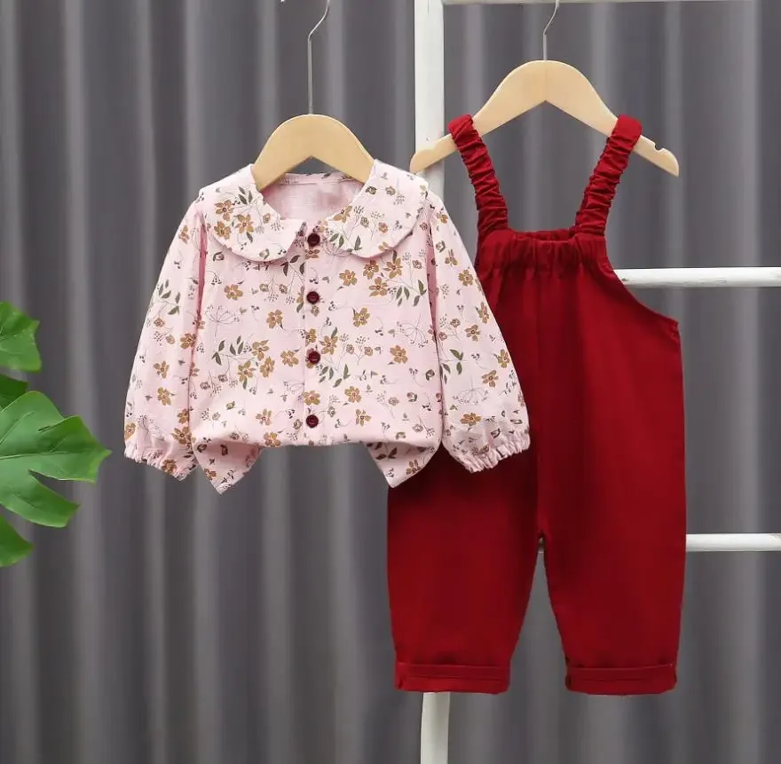 

Toddler Boutique Clothes Outfits Spring Autumn Cute Floral Long Sleeved Shirts Tops And Overalls Kids Tracksuits Girls Sets