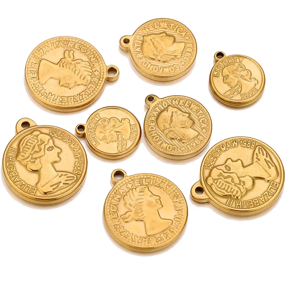 

5pcs Stainless Steel Round Medal Coin LIBERTY Charms Queen Angel Crown Pendants for Jewelry Earring Making Bracelet Accessories