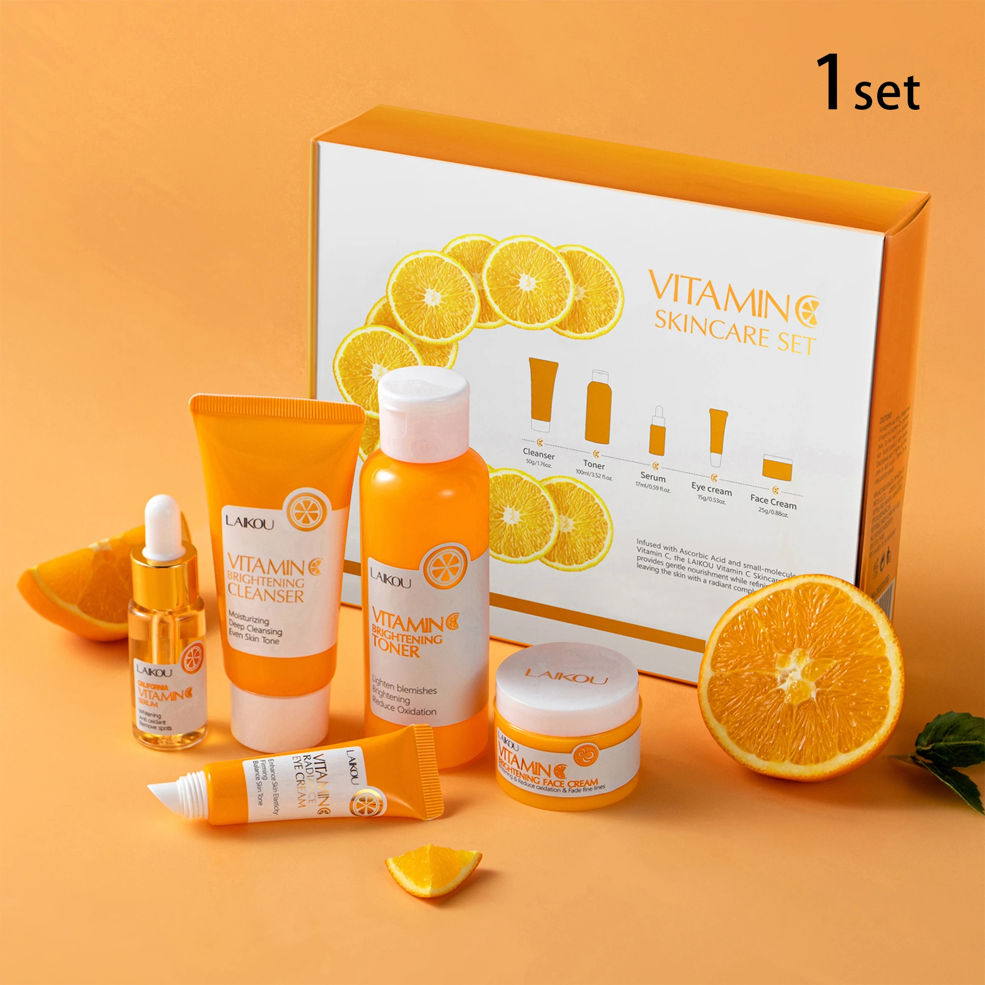 

LAIKOU Vitamin C Skincare Set 5PCS Brightening Anti-Aging Kit Pore Minimizer Even Tone Treatment Wrinkle Smoothing Gift Set