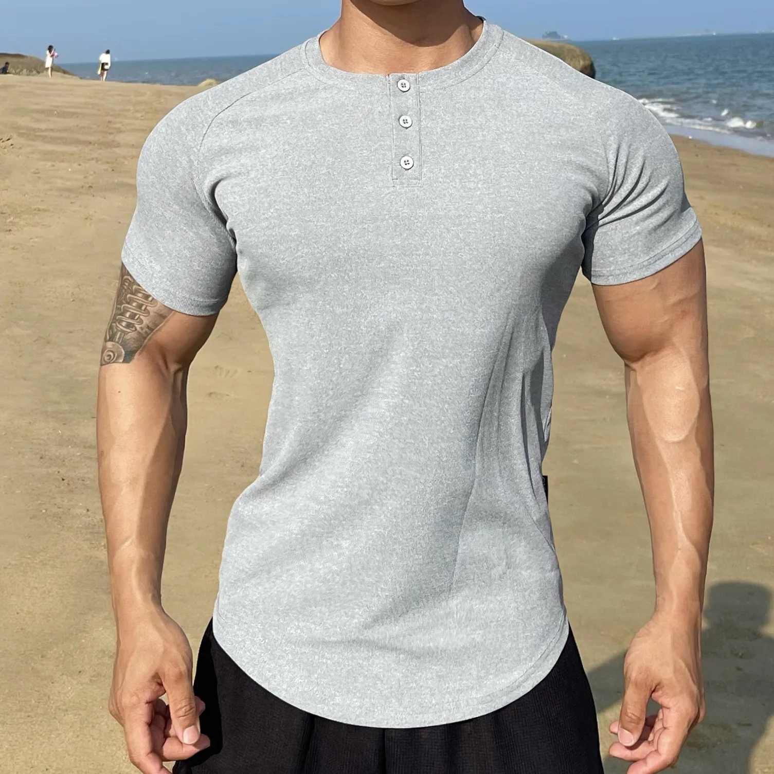 

Mens Grey Henley T Shirt 2023 Summer New Short Sleeve Fitness Muscle Tee Shirts Sports Casual Solid Color Breathable Basic Tops