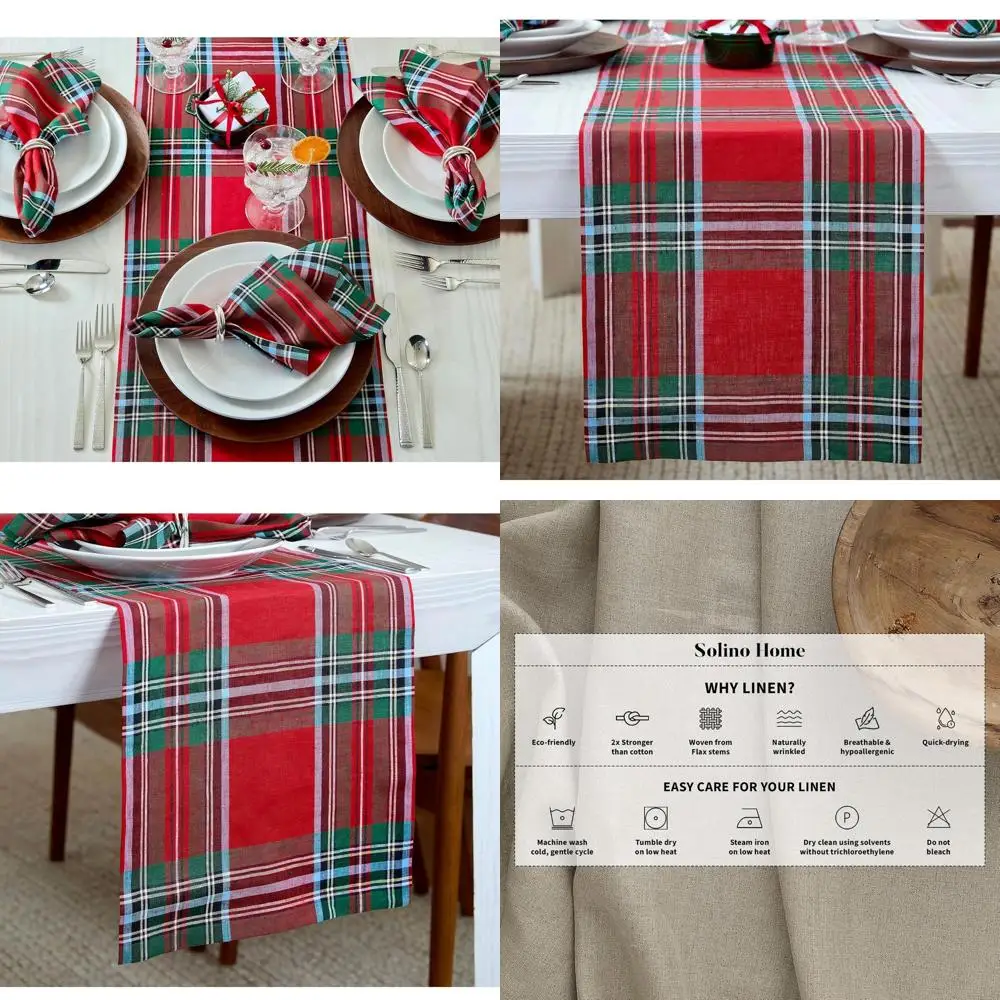

Red Madras Plaid 100% Pure Linen Table Runner, 14x120 Inches, Perfect for Christmas and Dining