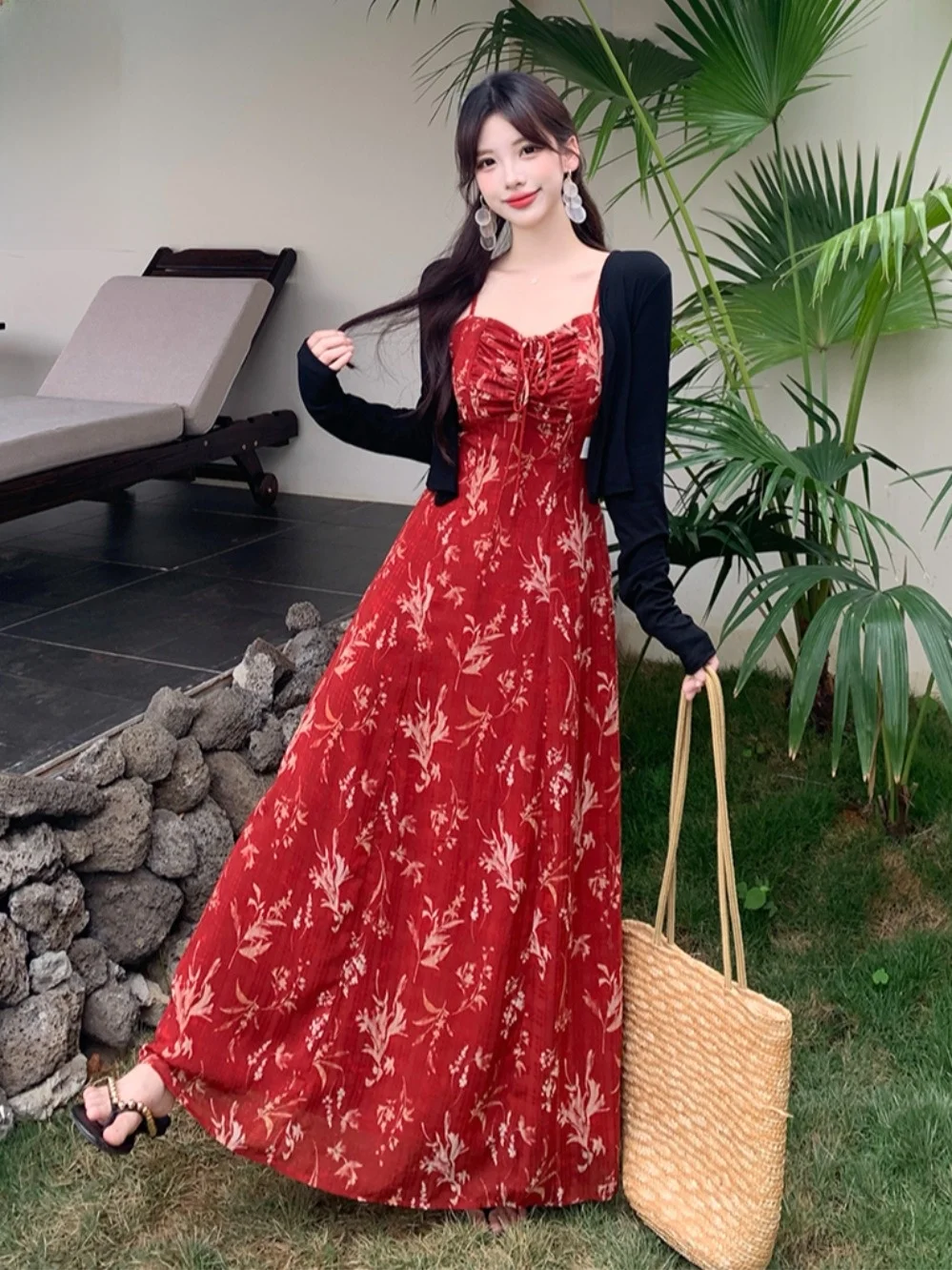 

plus Size Summer Floral Print off Shoulder Sun Protection Two-Piece Set Women's Casual Style Regular Fit Long Sleeve Dress