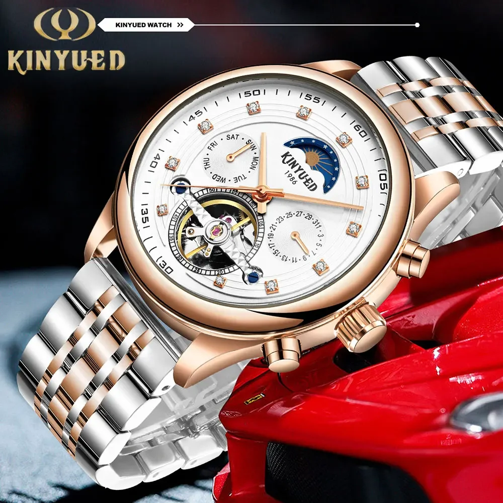 

KINYUED Automatic Movement Watch for Men Luxury Mens Stainless Steel Mechanical Watch Moon Phase Skeleton Tourbillon Wrist Watch