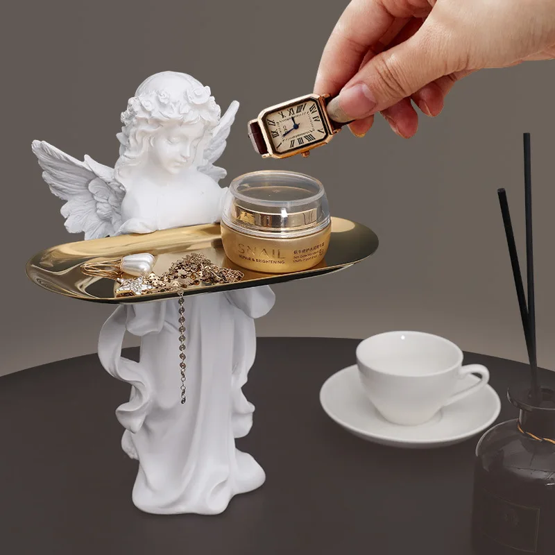 Resin Angel Statue Organizer Tray Decorative Metal Little Stuff Plate Tabletop Daily Life Convenience Houseware Ornament Craft