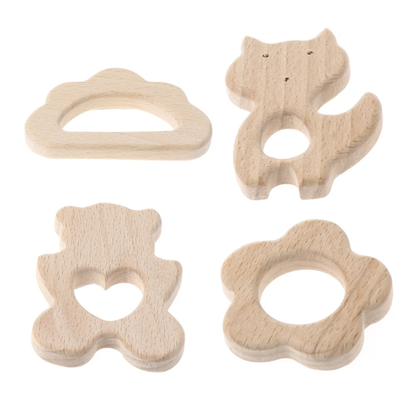 Baby Wooden Teething Relief Toy Nature Organic Flower Clouds Bear Fox Shape Baby Nursing Holder Teether A2UB