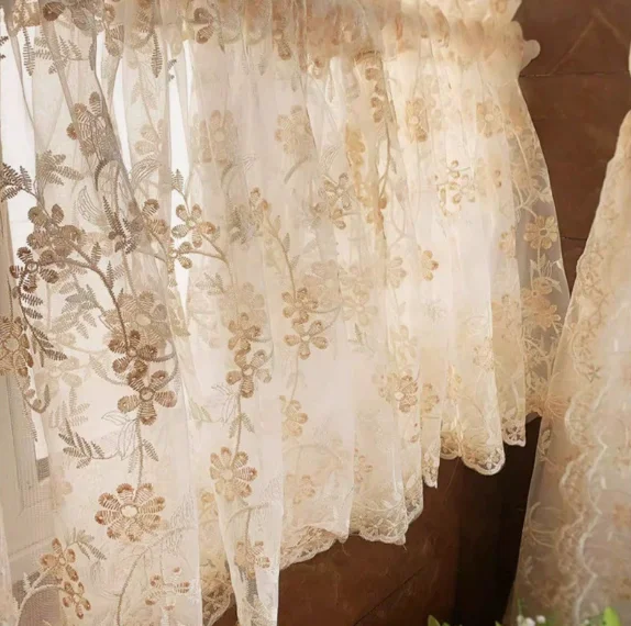 1PC American Retro Beautiful Romantic Embroidery Flower Lace Half Short Curtain Partition Gauze Curtain