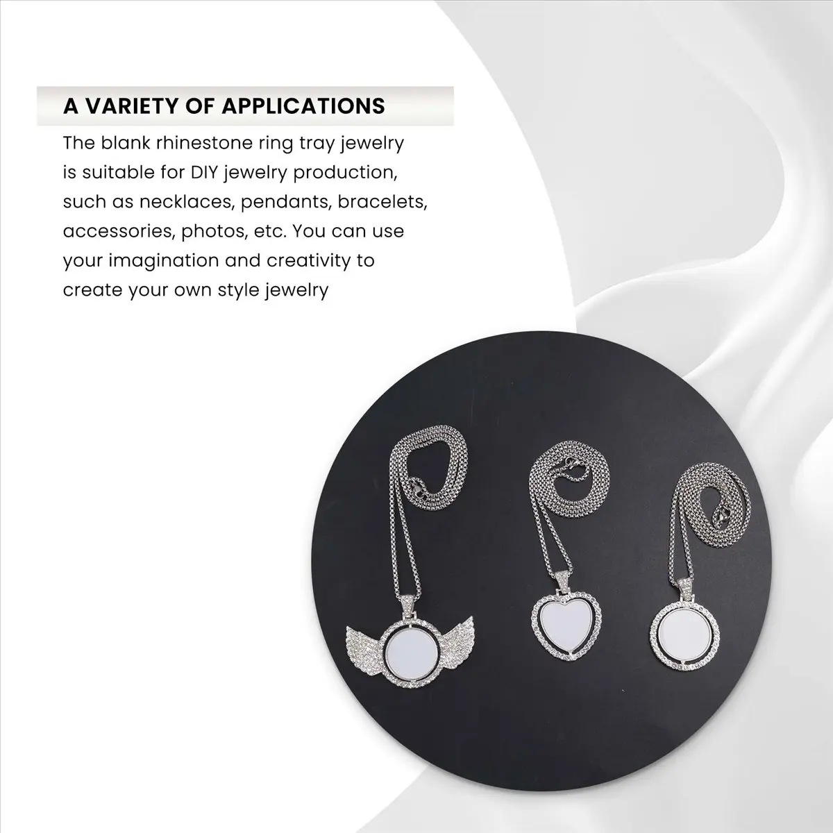 Hot Selling 24Pcs Sublimation Rhinestone Trays Pendant Set, 6 Blank Bezel Trays, 6 Pcs Chains with 12 Discs, Mixed Style