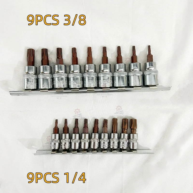 

9 шт. 1/4 3/8 дюйма, отвертки Torx из сплава, торцевая насадка TS10-T50, ручной инструмент, шестигранные головки, насадки, набор отверток для гаек