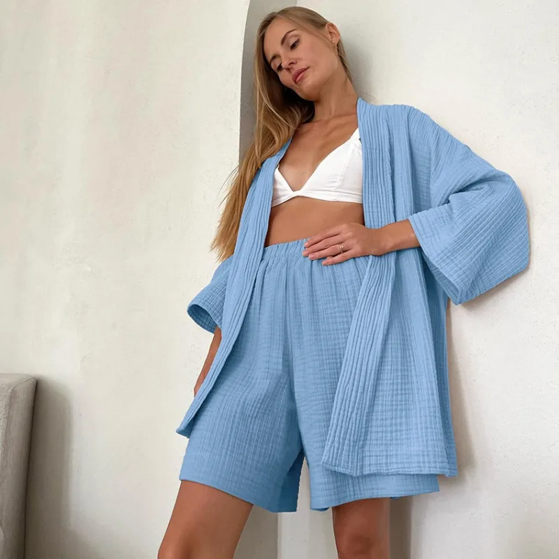 Women\'s Muslin 2 Piece Pajamas Set 100% Cotton Suit Nightwear Loose Three-Quarter Sleeve with Short Female Casual Sleepwear Robe