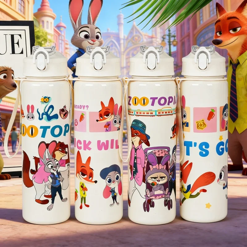 Botella de agua con aislamiento de doble pared Disney Zootopia, diseño Judy Hopps Rabbit & Nick Wilde Fox, 750 ml, a prueba de fugas para exteriores