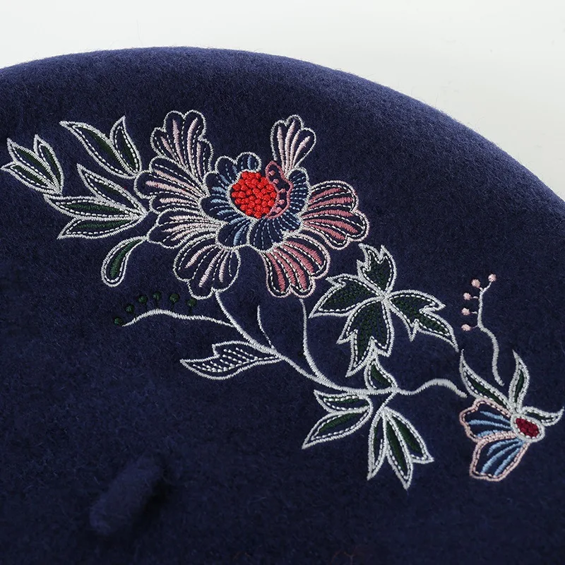 X189  Adult Wool Beret Hat Flower Embroidered Wool Beret Painter Hat Ladies Woolen Caps image 2