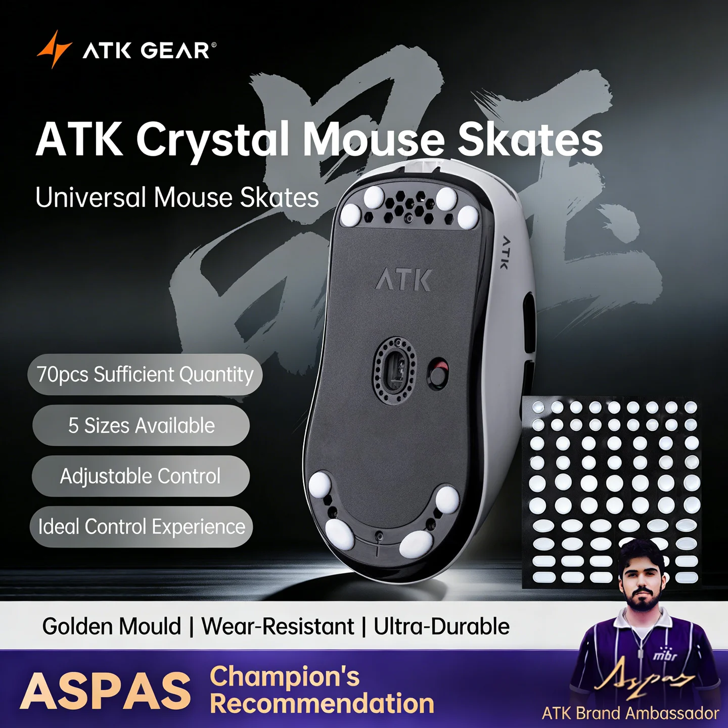 ATK Crystal Jade Teflon Mouse Skates 70Pcs 5 Sizes Universal PTFE Feet Pads Speed Wear Resistant For Esports Gaming Mouse