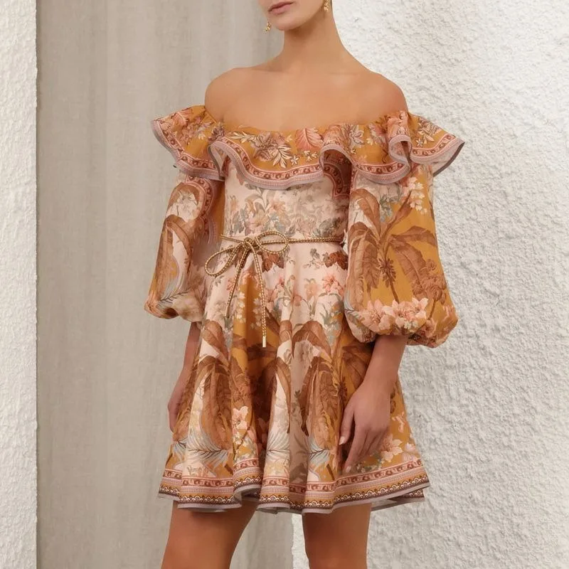 

Australia 2025 Vacation Off Shoulder Retro Print High Waist Slim Lantern Sleeve A Line Short Dress
