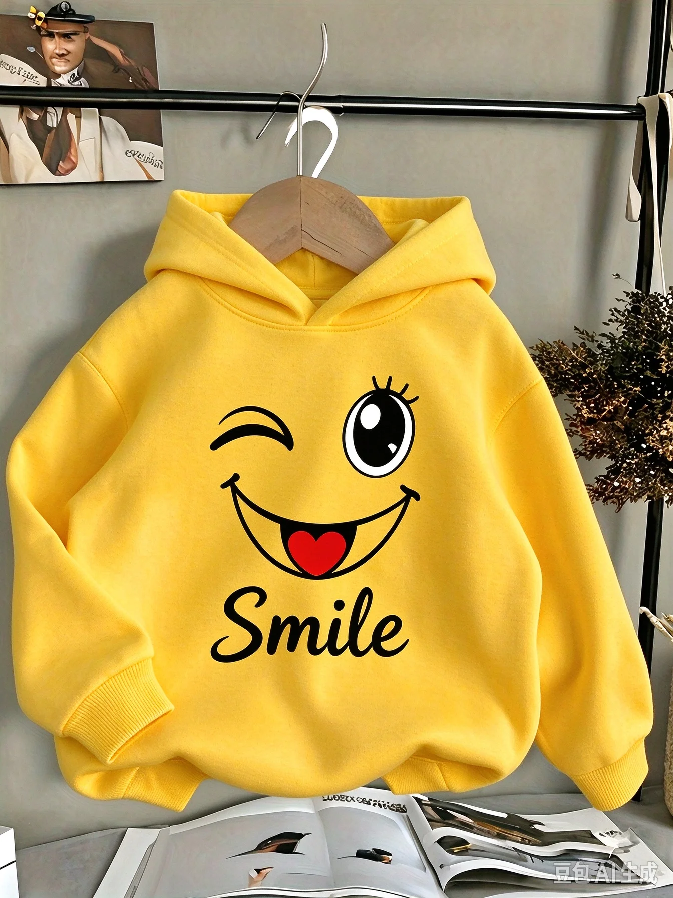 Casual fleece hooded sweatshirt with playful smiley face print - comfortable autumn and winter pullover long sleeved top