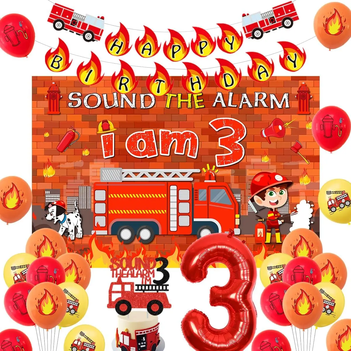 Fire Truck Birthday Party Decorations for Boys, Supplies with Sound The Alarm I Am 3 Firemen Backdrop, Happy Birthday Banner