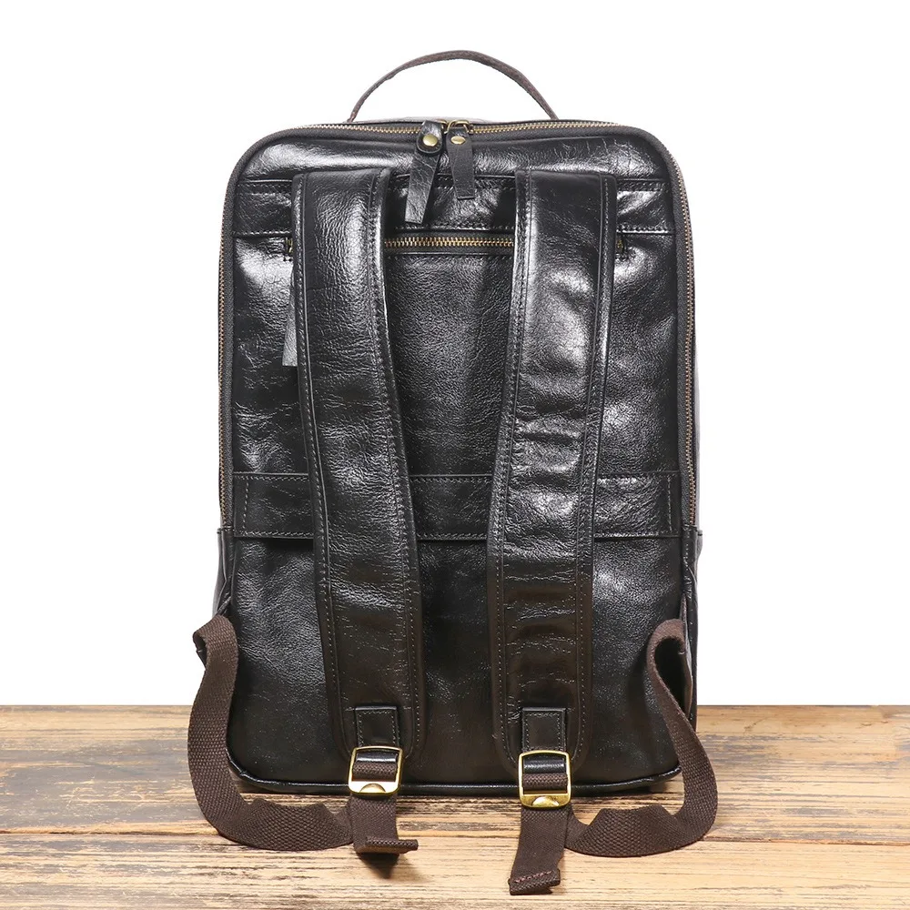 Nesitu High Quality New Vintage Black Top Grain Genuine Leather 14\'\' Laptop Women Men Backpack Cowhide Travel Bags M6887